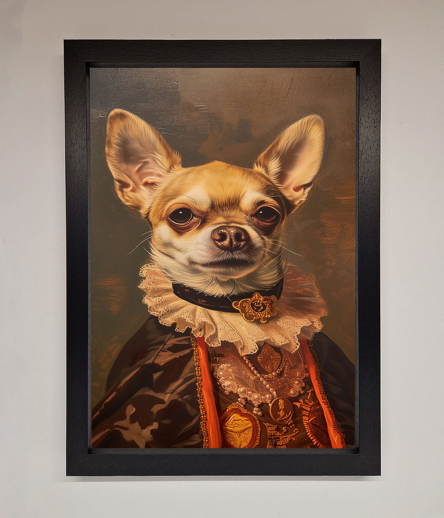 Renaissance Chihuahua framed print, luxury classic art with modern whimsy, stylish home decor, premium wall art, trending best-selling dog portrait by Zestio at brixbailey.com