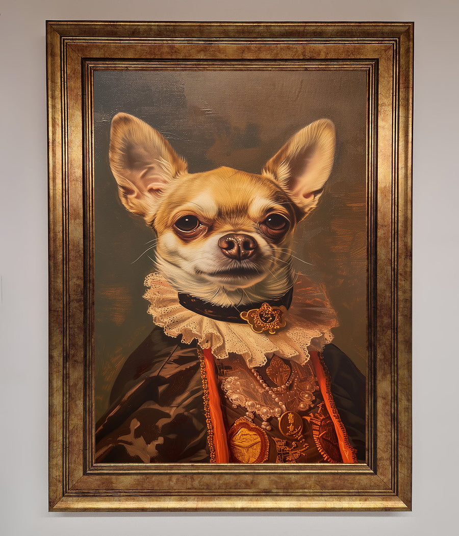 Renaissance Chihuahua framed print, luxury classic art with modern whimsy, stylish home decor, premium wall art, best-selling dog portrait by Zestio at brixbailey.com