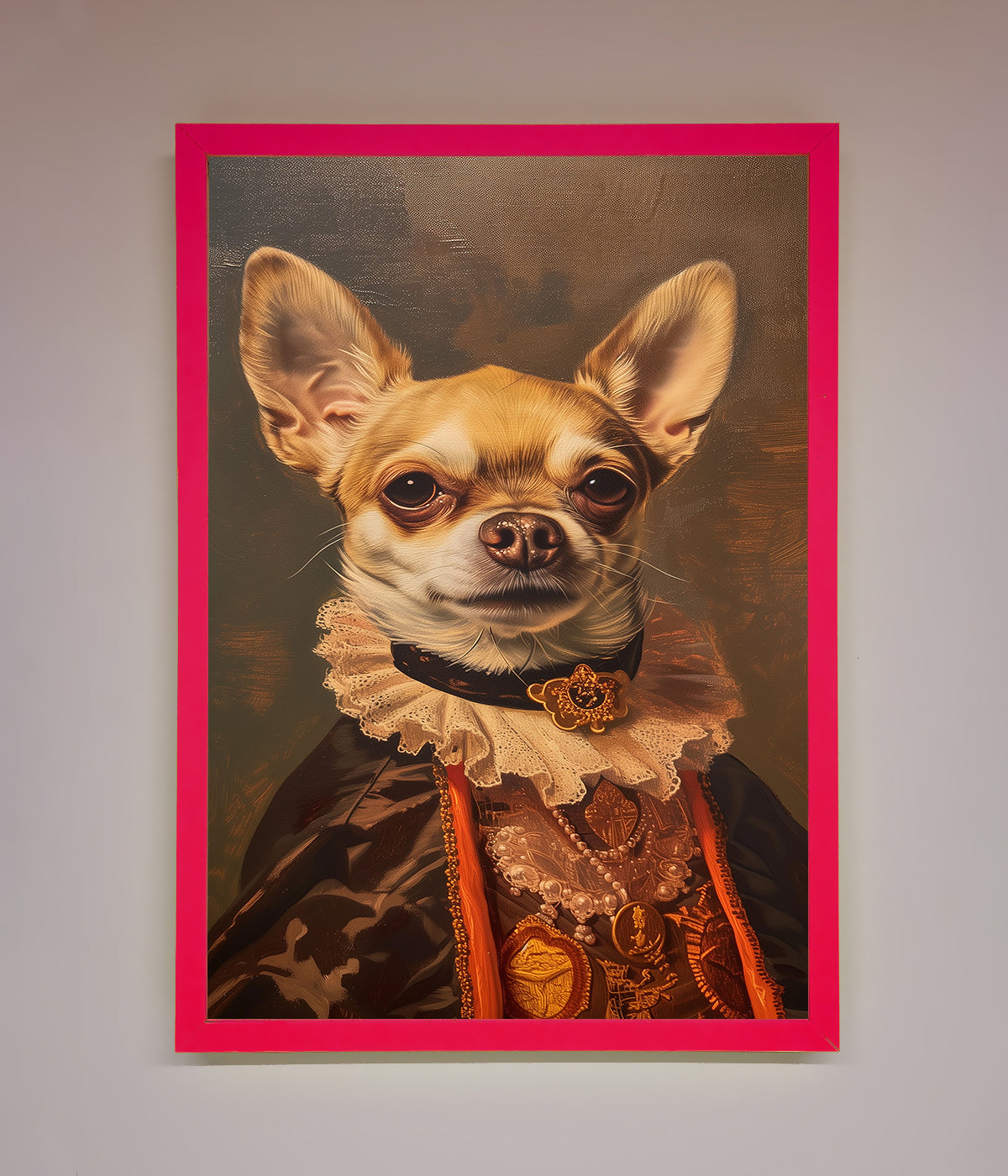 Renaissance Chihuahua framed print, luxury classic art with modern whimsy, stylish home decor, best-selling dog portrait, premium wall art by Zestio at brixbailey.com