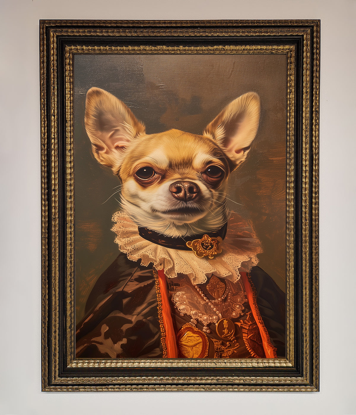 Renaissance Chihuahua framed print, luxury classic art with modern whimsy, stylish home decor, best-selling dog portrait, premium wall art by Zestio at brixbailey.com