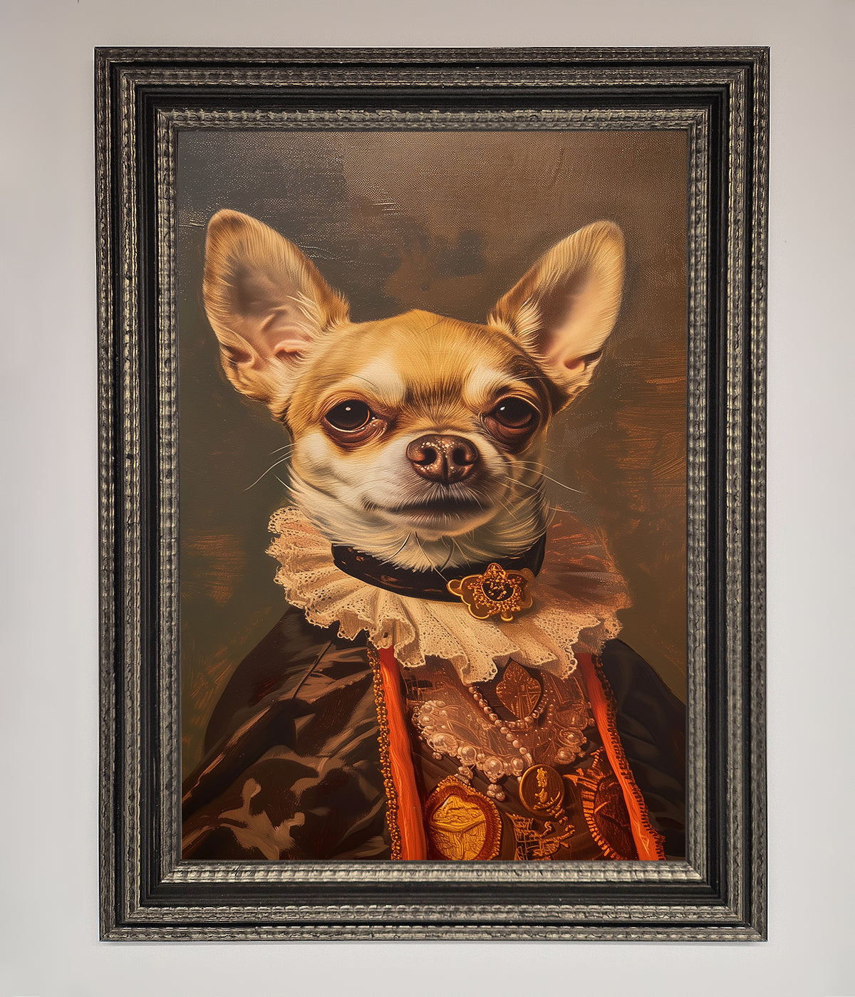 Renaissance Chihuahua framed print, luxury classic art with modern whimsy, stylish home decor, premium handcrafted wall art by Zestio at brixbailey.com