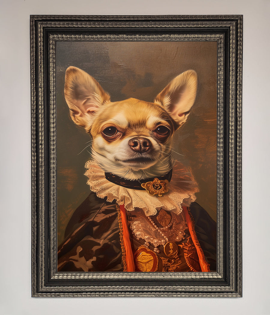 Renaissance Chihuahua framed print, luxury classic art with modern whimsy, stylish home decor, premium handcrafted wall art by Zestio at brixbailey.com