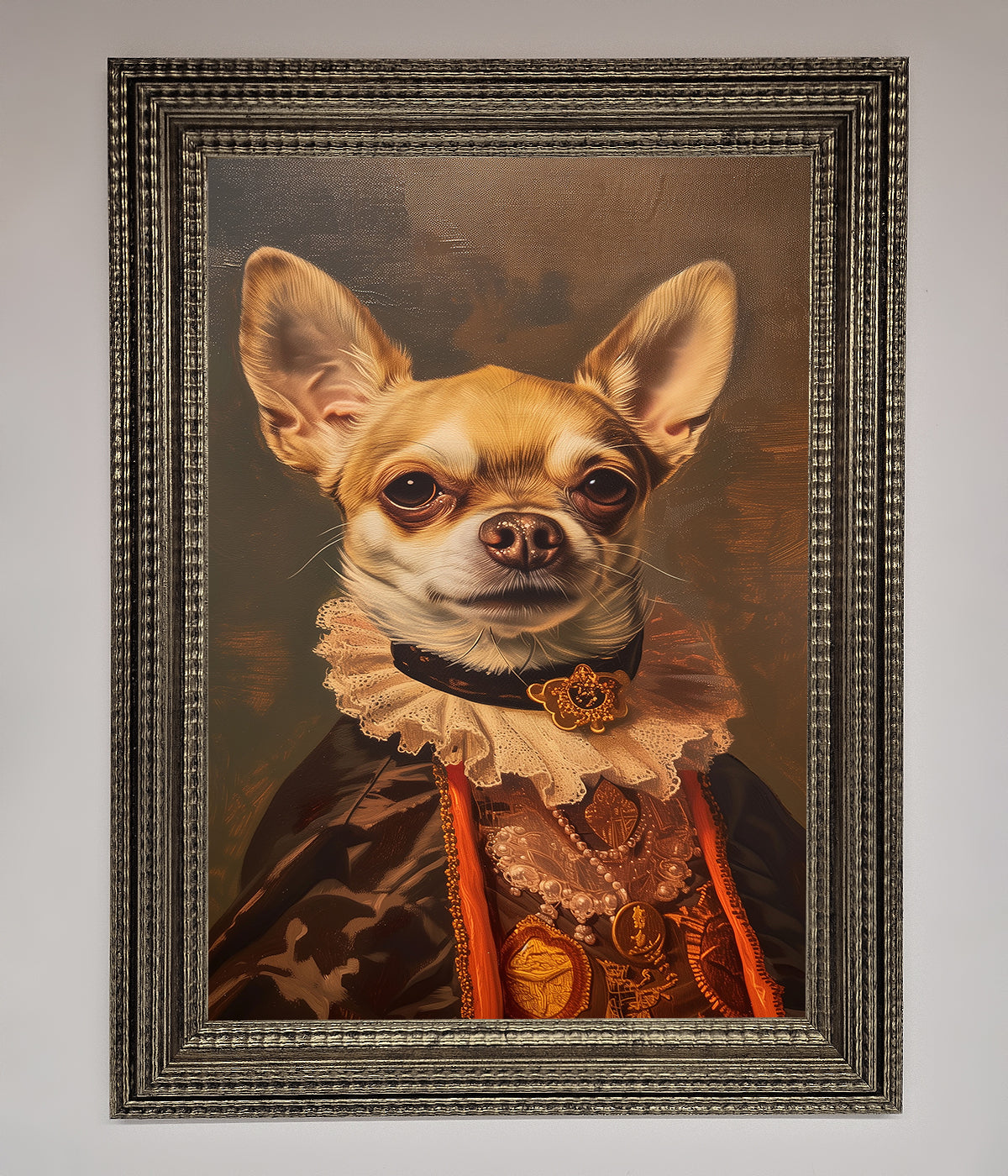 Renaissance Chihuahua framed print, luxury classic art with modern whimsy, stylish home decor, best-selling dog portrait, premium wall art by Zestio at brixbailey.com