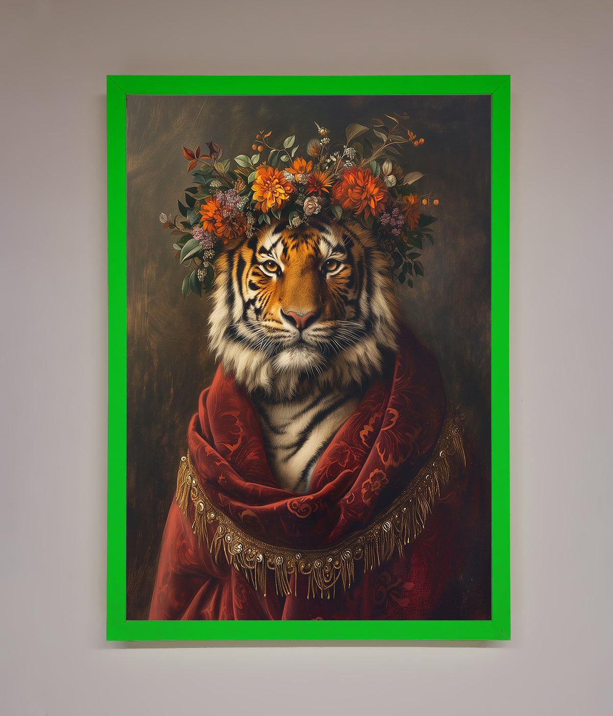 Premium Renaissance Tiger Framed Wall Art, luxury classic wildlife decor, elegant handcrafted tiger painting, stylish home office artwork by Zestio at brixbailey.com