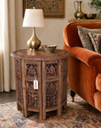 Rengali Large Mango Wood Side Table Leaf Carving