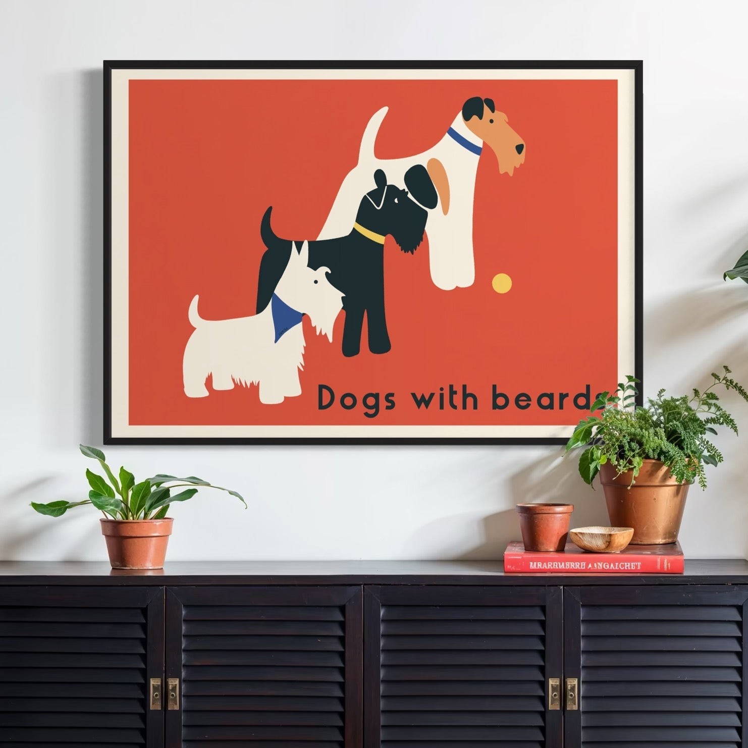Luxury retro bearded dogs print, Scottish Terrier Schnauzer Fox Terrier, premium vintage artwork, framed option available by Little Egret Design at brixbailey.com