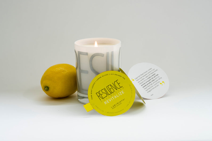 Revitalize luxury soy candle with torn mint leaves, lemon slices, and icy oolong tea scent, handcrafted in Illinois by Labyrinth Made Goods at brixbailey.com