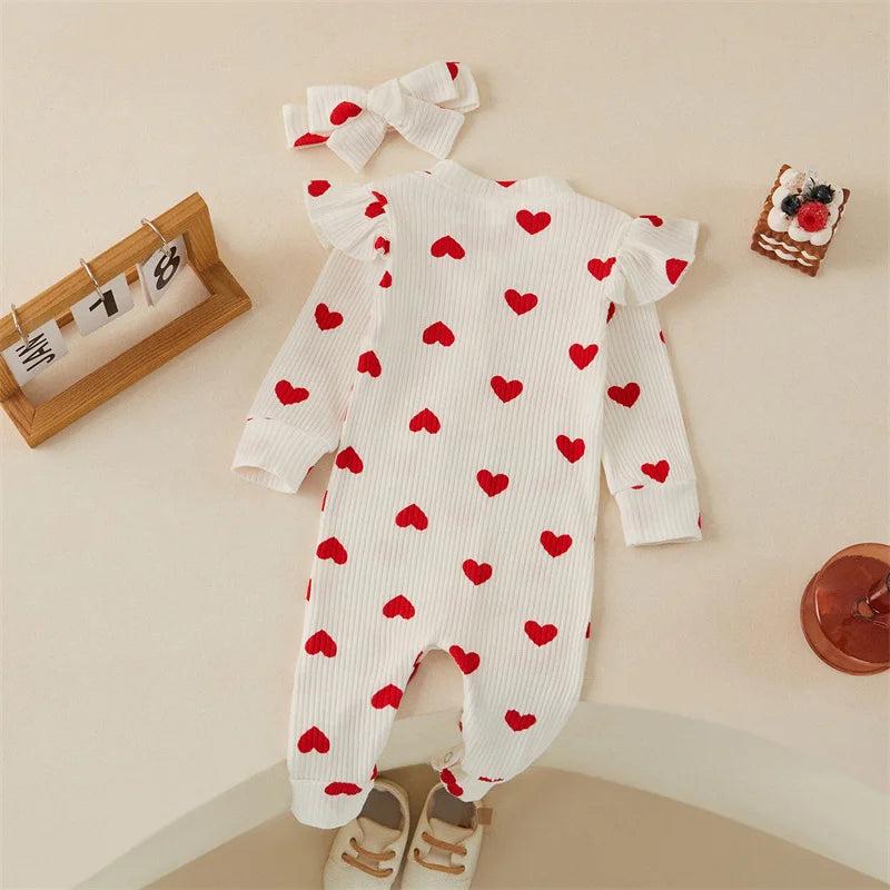 Heart Print Romper & Bow Headdress Set for Baby Girls - Soft Polyester Spring & Autumn Outfit by Baby Lamby at brixbailey.com
