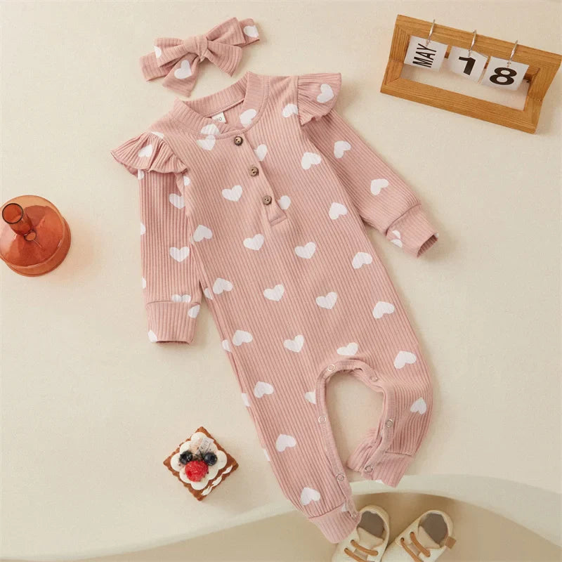 Heart Print Romper + Bow Headdress Set for Baby Girls - Soft Polyester Spring & Autumn Outfit by Baby Lamby at brixbailey.com