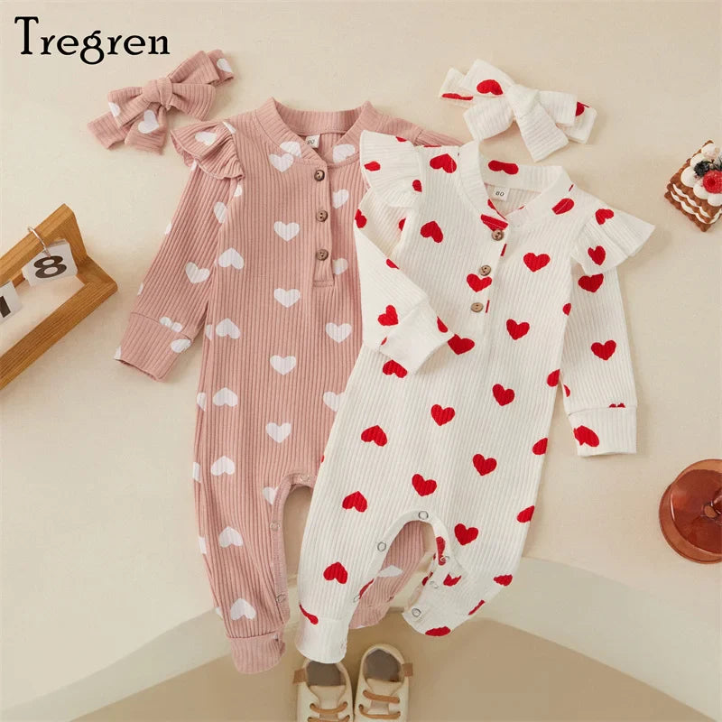Heart Print Romper & Bow Headdress Set for Baby Girls - Soft Polyester Spring/Autumn Outfit by Baby Lamby at brixbailey.com