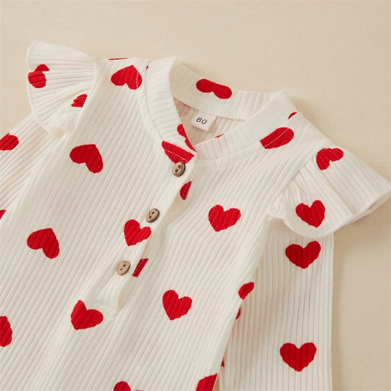 Heart Print Romper + Bow Headdress Set for Baby Girls - Soft Polyester Spring & Autumn Outfit by Baby Lamby at brixbailey.com