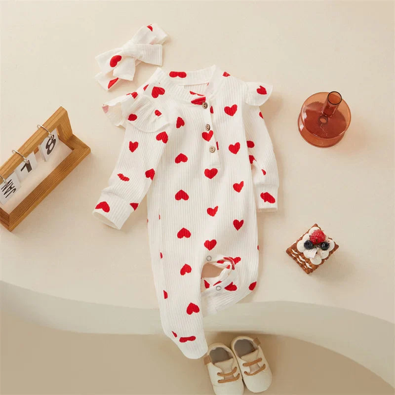 Heart Print Romper & Bow Headdress Set for Baby Girls - Soft Polyester Spring/Autumn Outfit by Baby Lamby at brixbailey.com