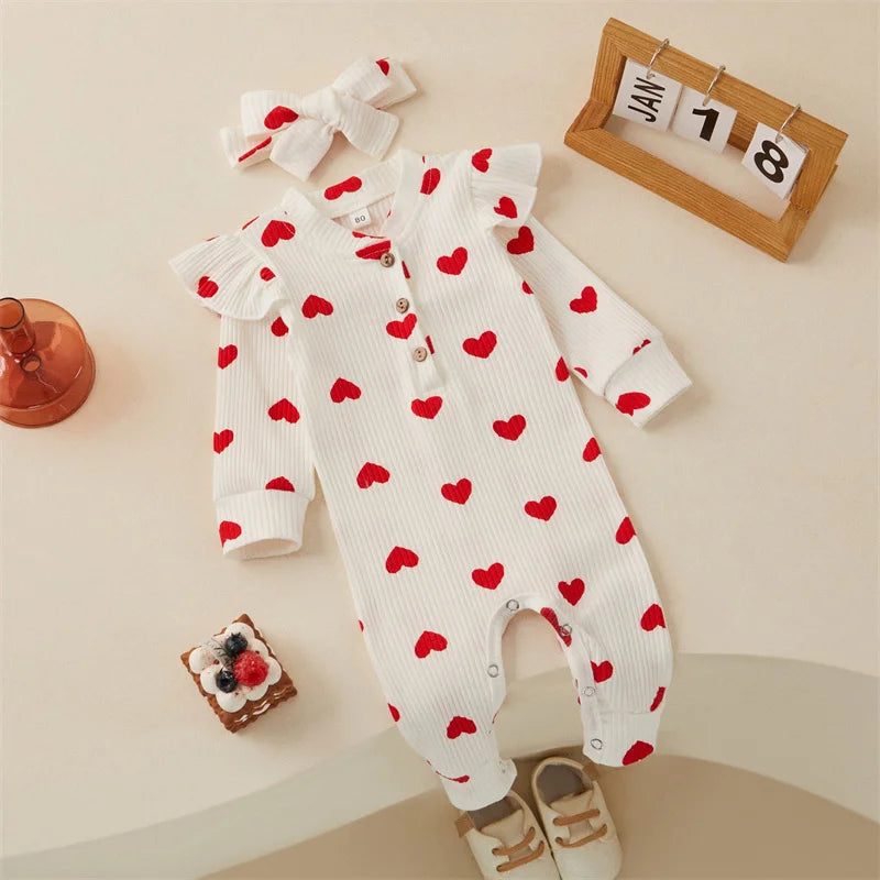 Heart Print Romper & Bow Headdress Set for Baby Girls - Soft Polyester Spring & Autumn Outfit by Baby Lamby at brixbailey.com