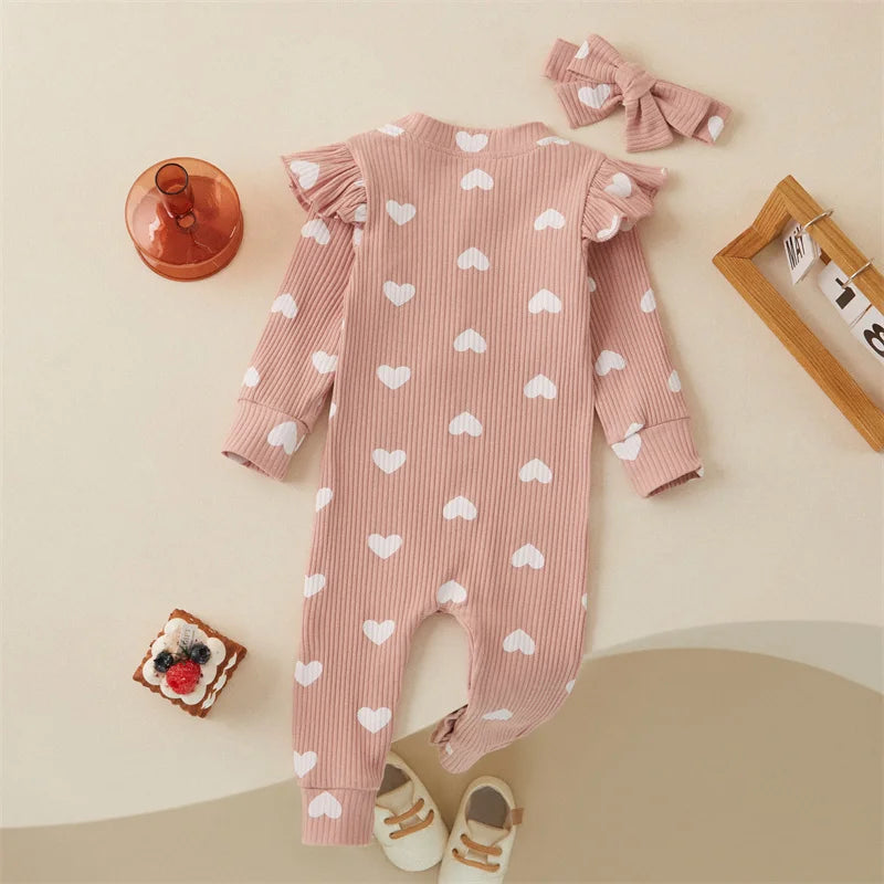 Heart Print Romper & Bow Headdress Set for Baby Girls - Soft Polyester Spring & Autumn Outfit by Baby Lamby at brixbailey.com