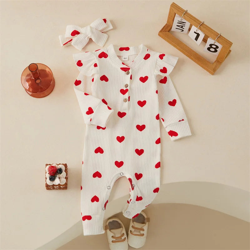 Heart Print Romper + Bow Headdress Set for Baby Girls - Soft Polyester Spring & Autumn Outfit by Baby Lamby at brixbailey.com