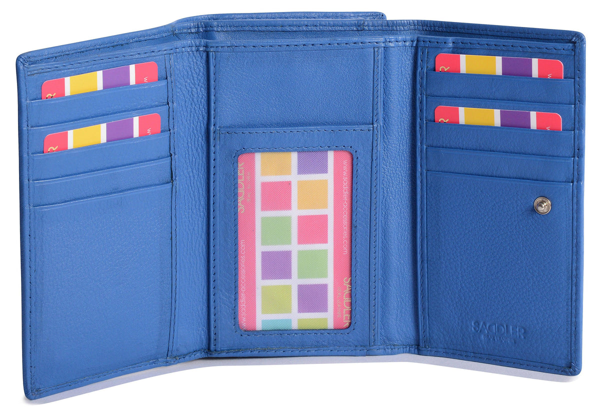 SADDLER PAULA Handmade Leather Trifold Purse – RFID Protected | 8 Card Slots, ID Window &amp; Rear Zip Pocket | Gift Boxed