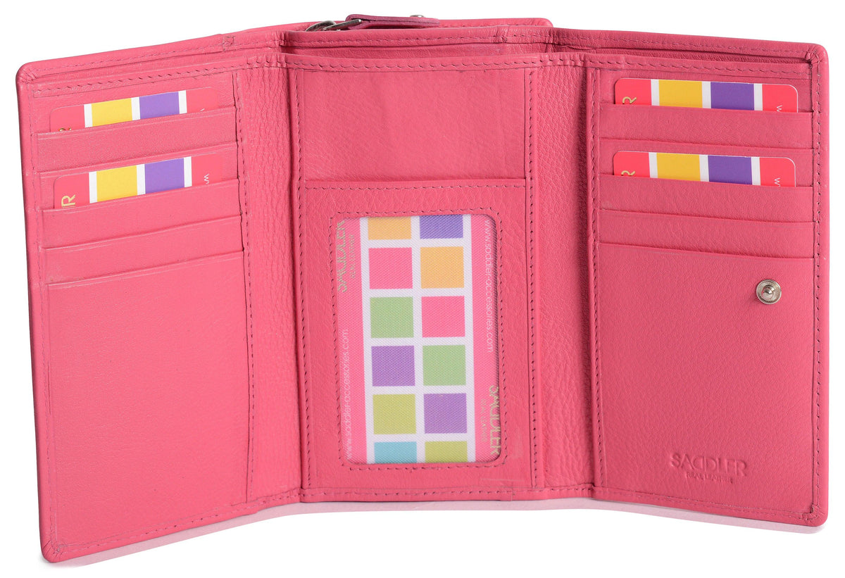 SADDLER PAULA Handmade Leather Trifold Purse – RFID Protected | 8 Card Slots, ID Window &amp; Rear Zip Pocket | Gift Boxed
