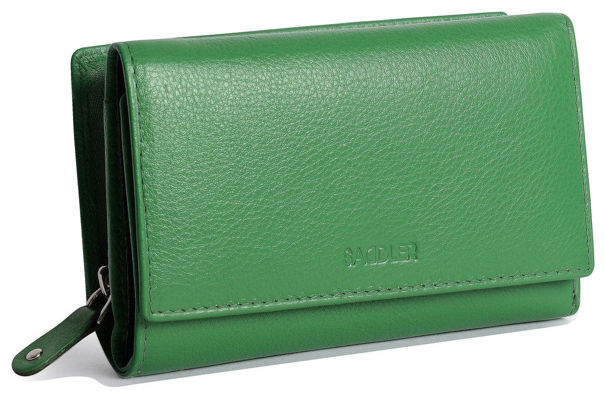 SADDLER PAULA Handmade Leather Trifold Purse – RFID Protected | 8 Card Slots, ID Window &amp; Rear Zip Pocket | Gift Boxed