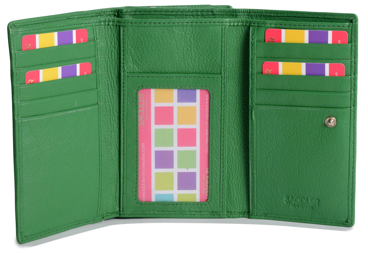 SADDLER PAULA Handmade Leather Trifold Purse – RFID Protected | 8 Card Slots, ID Window &amp; Rear Zip Pocket | Gift Boxed
