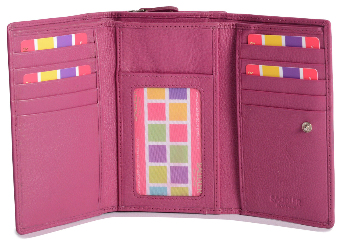 SADDLER PAULA Handmade Leather Trifold Purse – RFID Protected | 8 Card Slots, ID Window &amp; Rear Zip Pocket | Gift Boxed