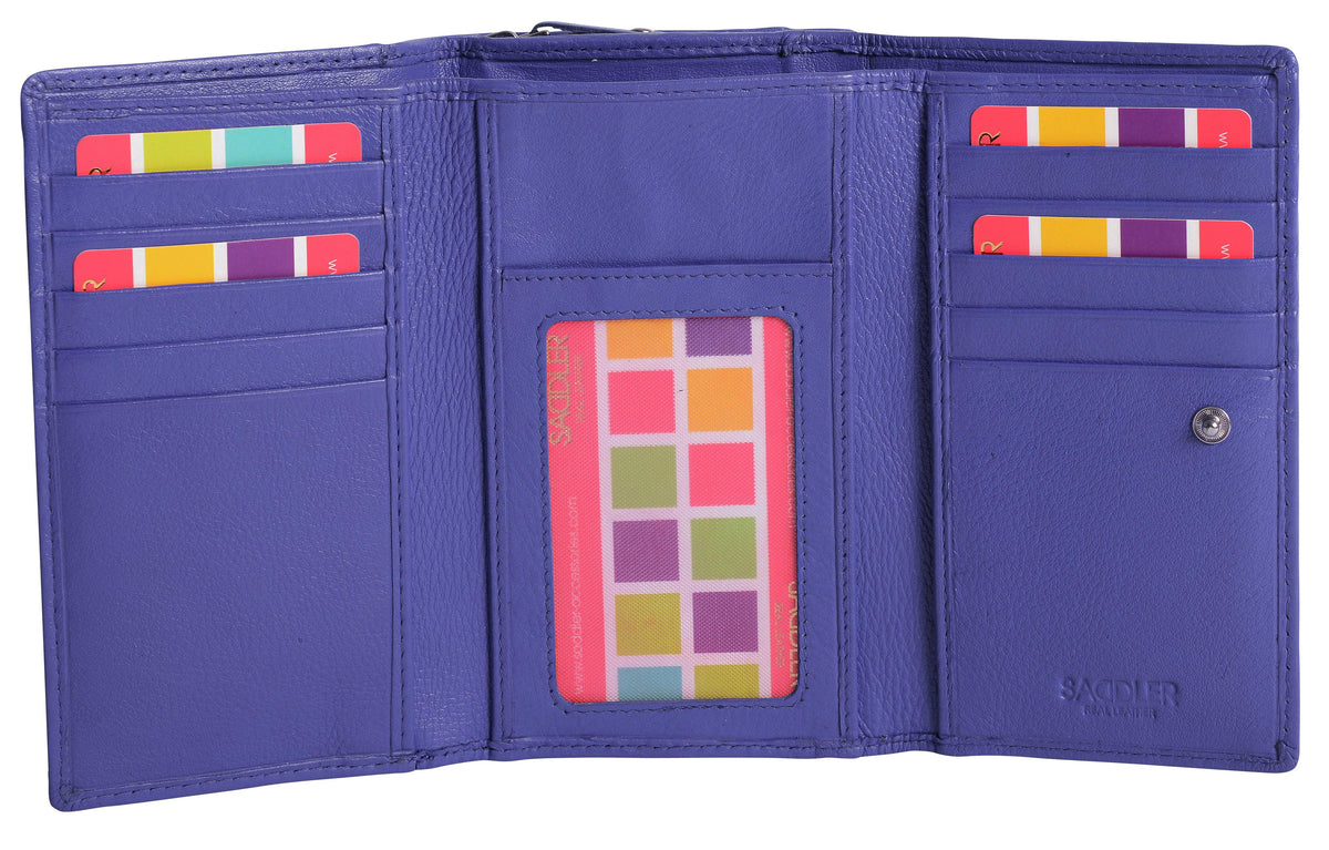 SADDLER PAULA Handmade Leather Trifold Purse – RFID Protected | 8 Card Slots, ID Window &amp; Rear Zip Pocket | Gift Boxed