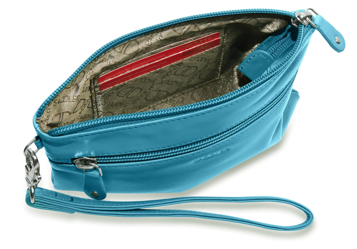SADDLER SCARLETT Leather Zip Top Mini Clutch - Phone Holder with Detachable Wrist Strap - RFID Protected