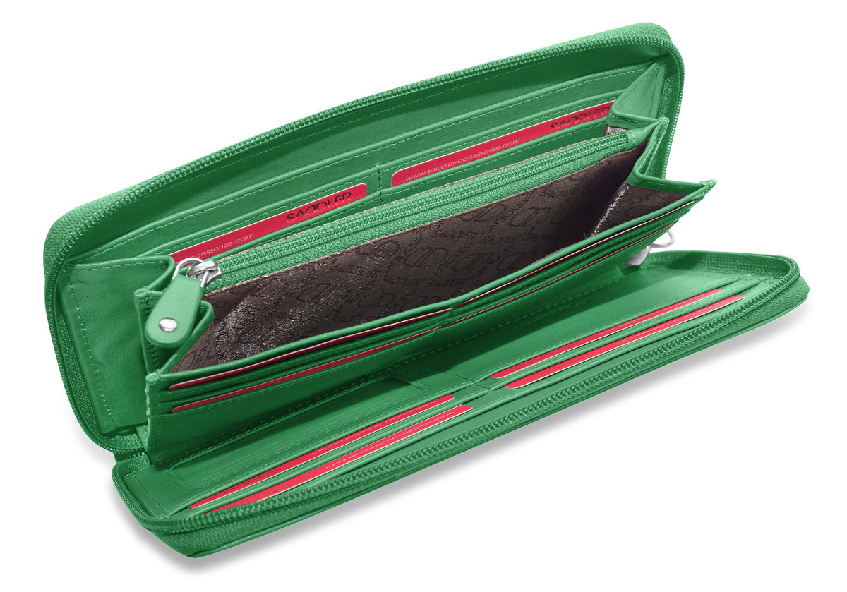 SADDLER SOPHIA Leather Zip Around Purse  - 15 Card slots, Mobile Phone Pocket,  Detachable Wrist Strap- RFID Protected
