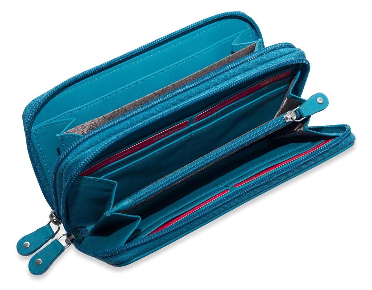 SADDLER GABRIELLA Leather Double Zip Around Purse - 8 Card Slots, Phone Pocket, and Coin Purse - RFID Protected