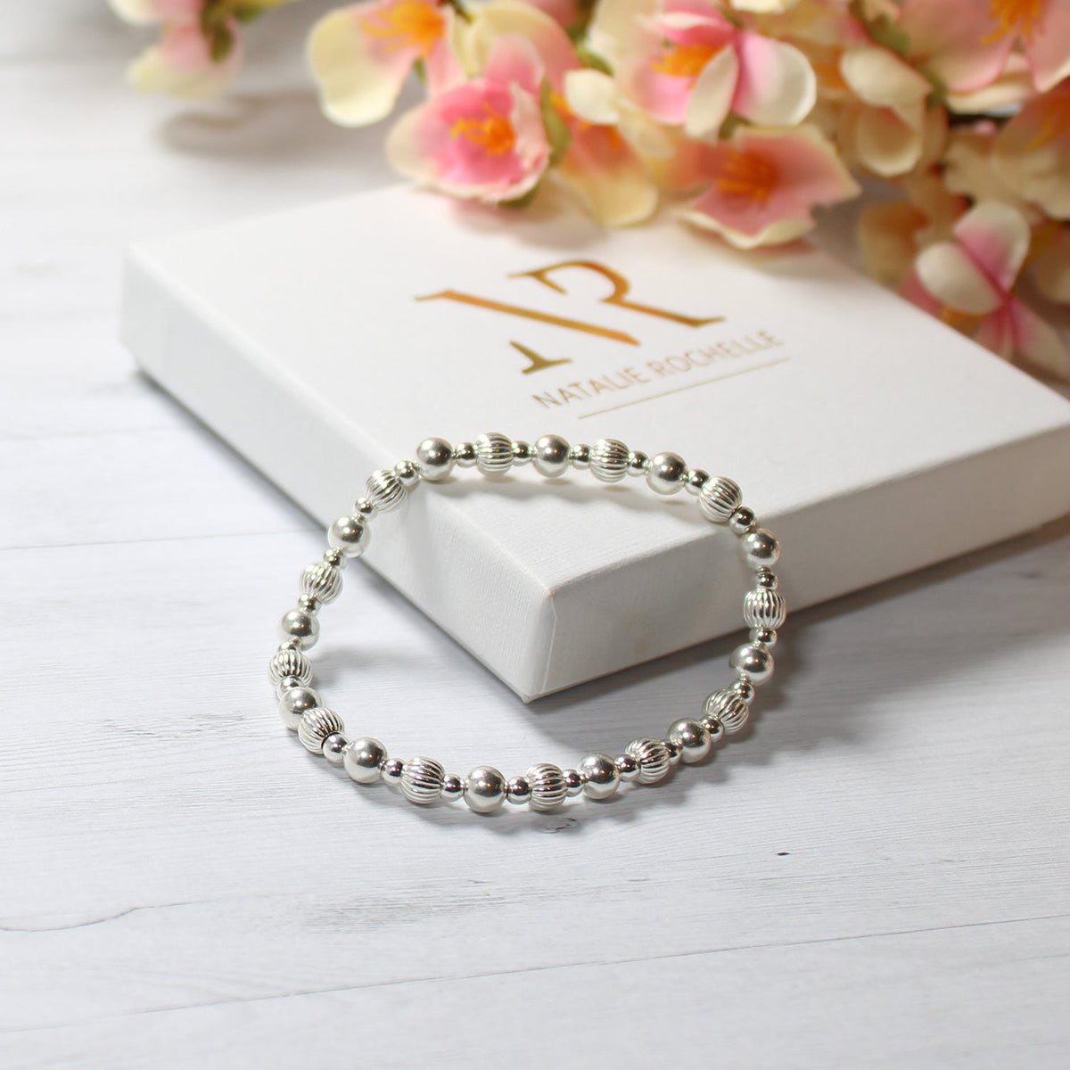Sterling Silver Plain &amp; Corrugated beaded bracelet