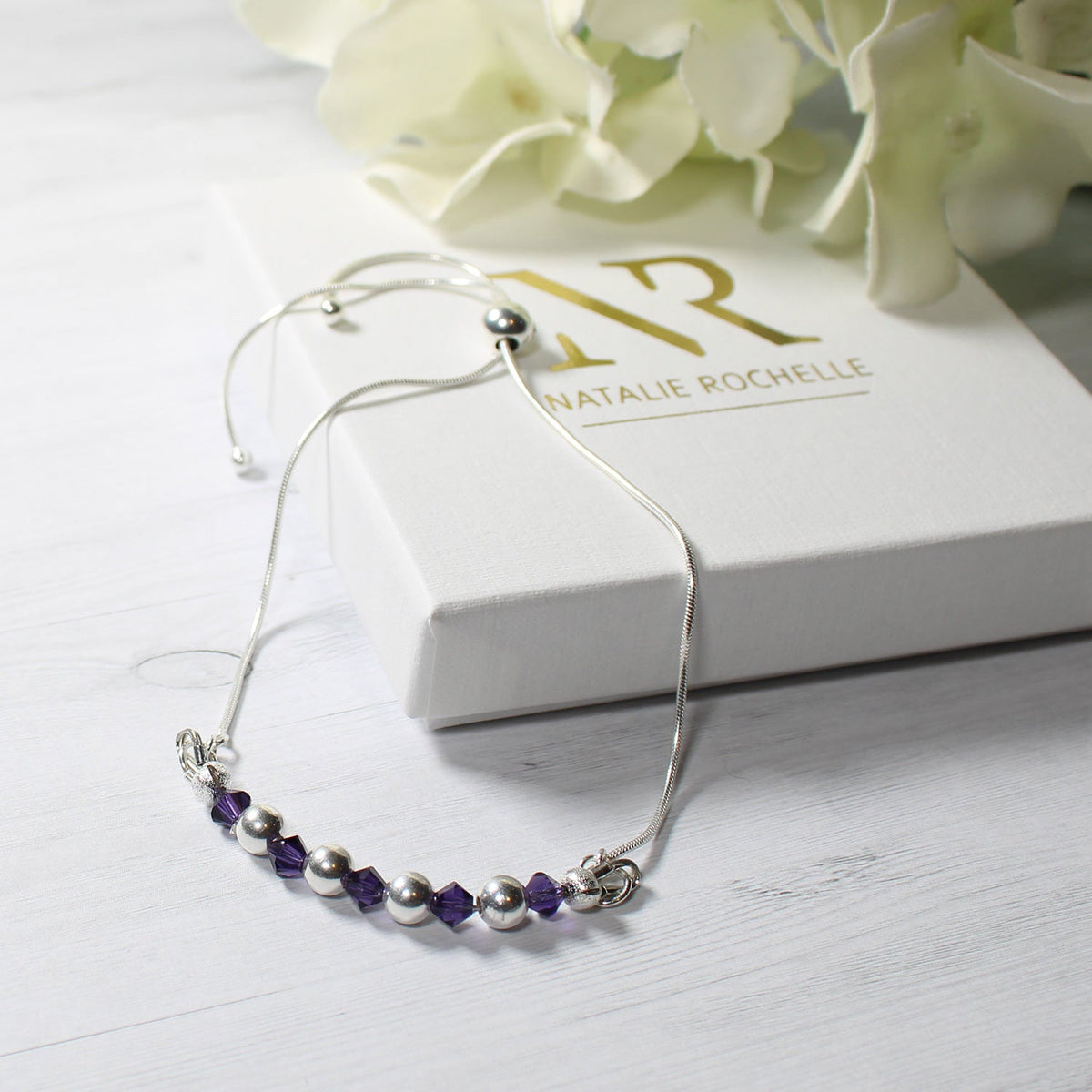 Sterling Silver Purple Crystal Ball Sliding Adjustable Bracelet