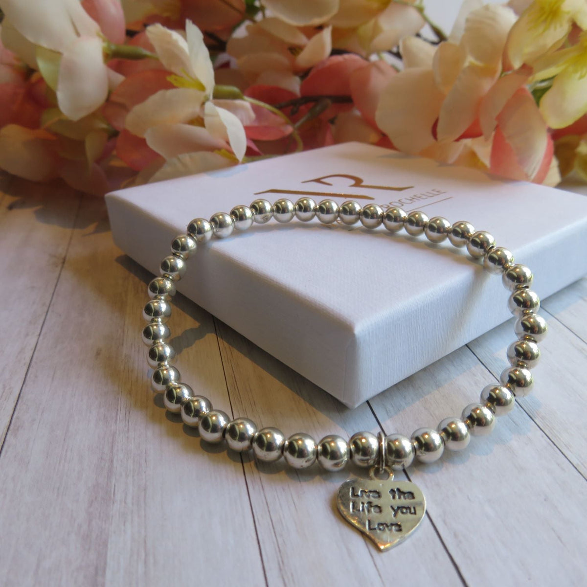 ‘Live the Life you Love’ engraved heart charm Stacking bracelet