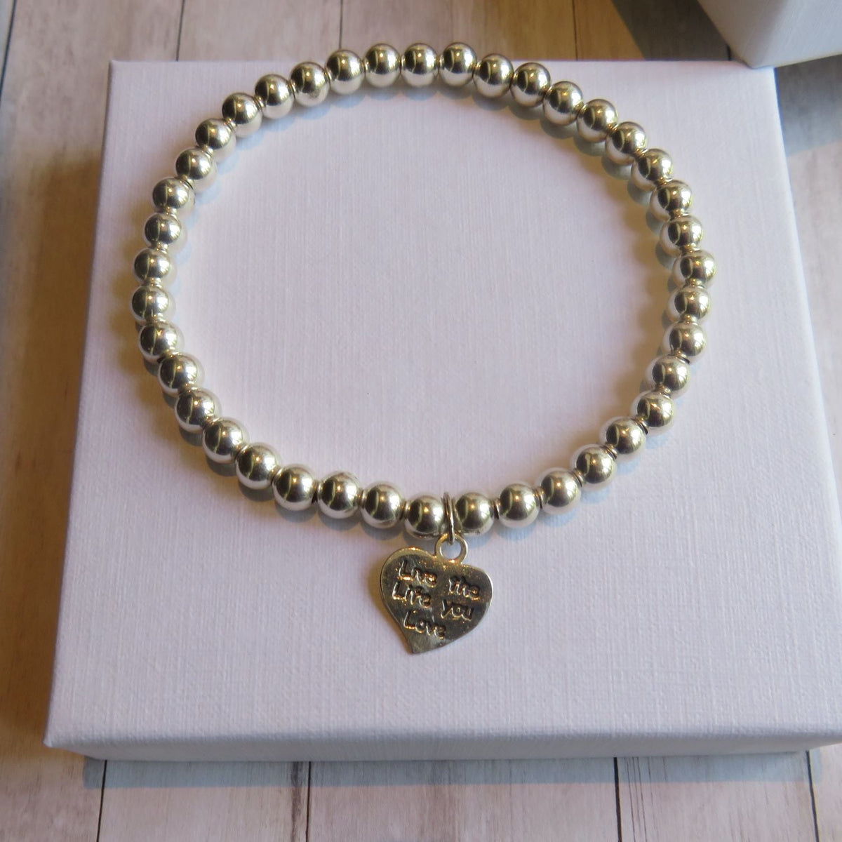 ‘Live the Life you Love’ engraved heart charm Stacking bracelet