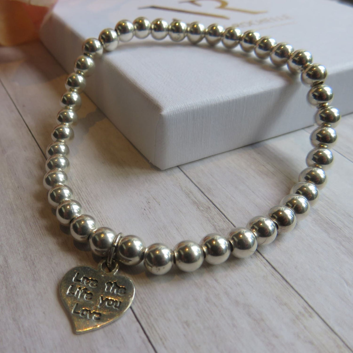 ‘Live the Life you Love’ engraved heart charm Stacking bracelet