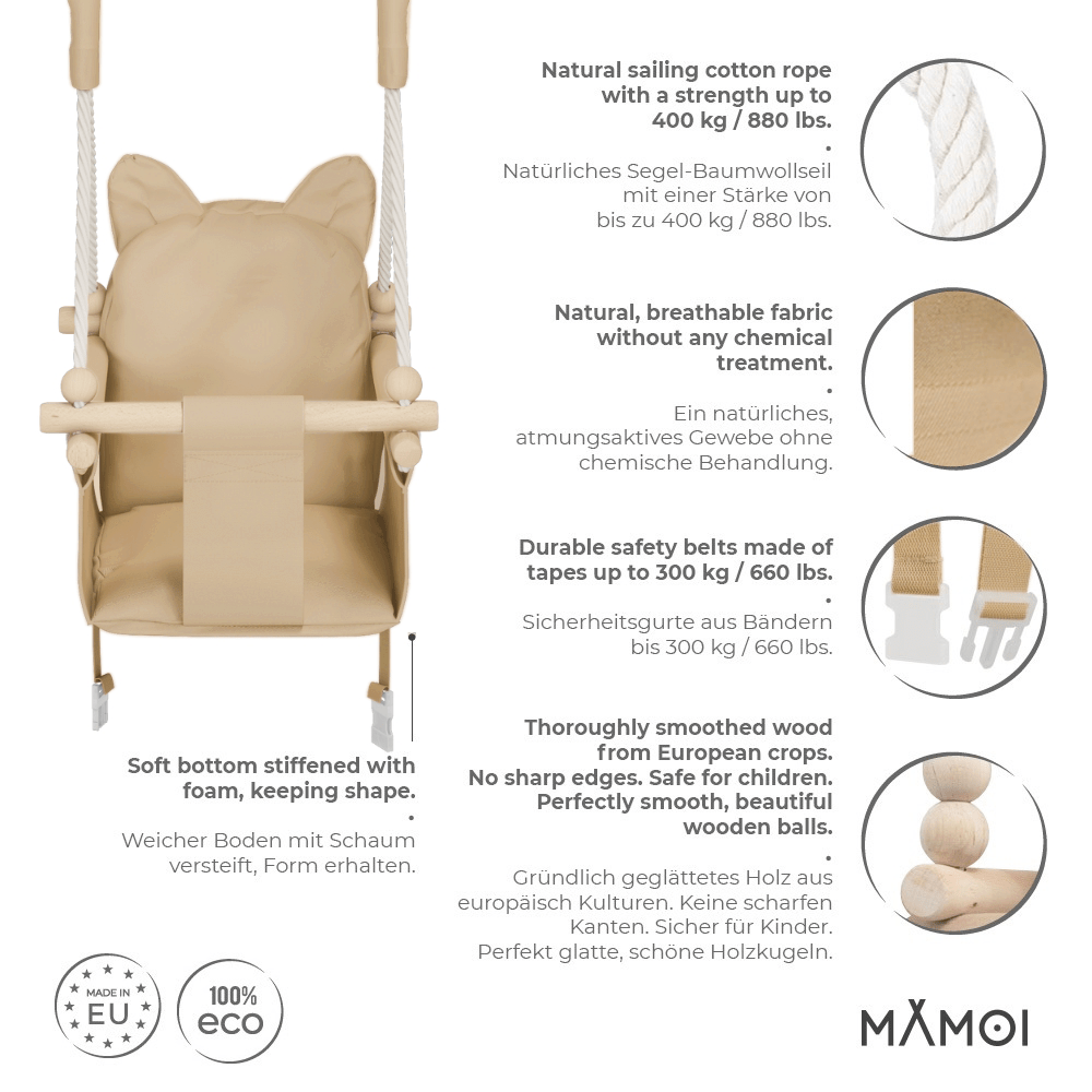 MAMOI Baby swing wood + SAFETY BELT, Swing for children garden indoor outdoor-2