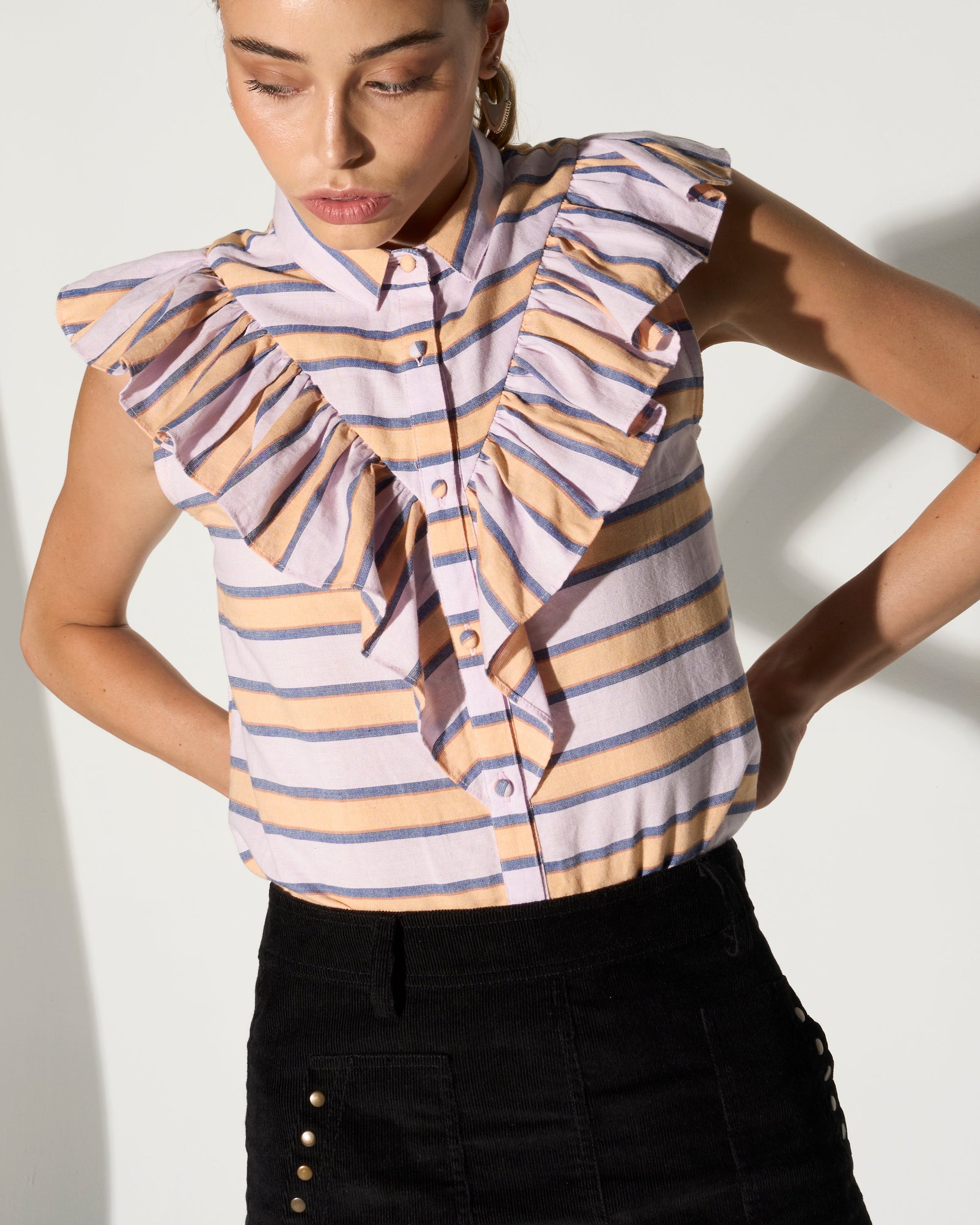 Luxury feminine edgy ruffle blouse, premium multi-color stripe print, dramatic yoke ruffle, stylish handcrafted cotton top by GILD at brixbailey.com