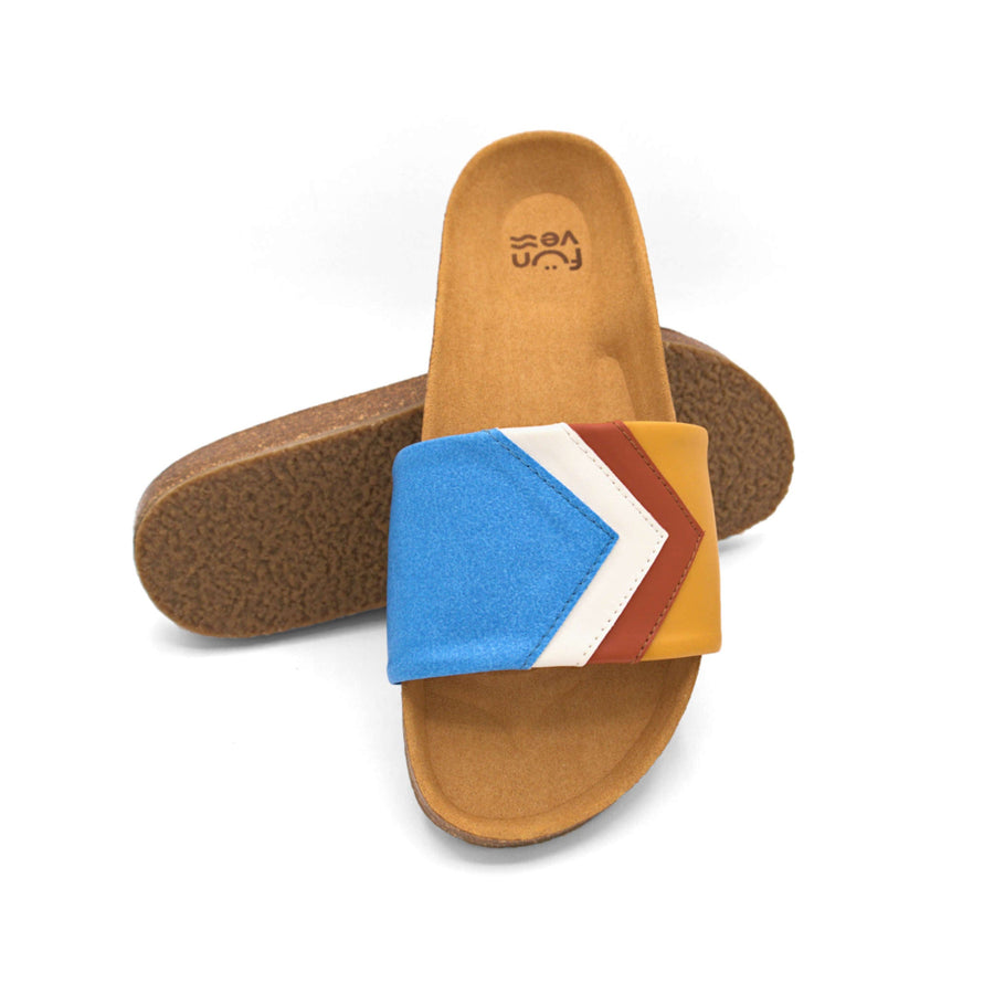 Premium vegan sandals SKY in blue azure white terracotta mustard, PETA certified, non-slip sole, fair trade Europe by Fünve at brixbailey.com