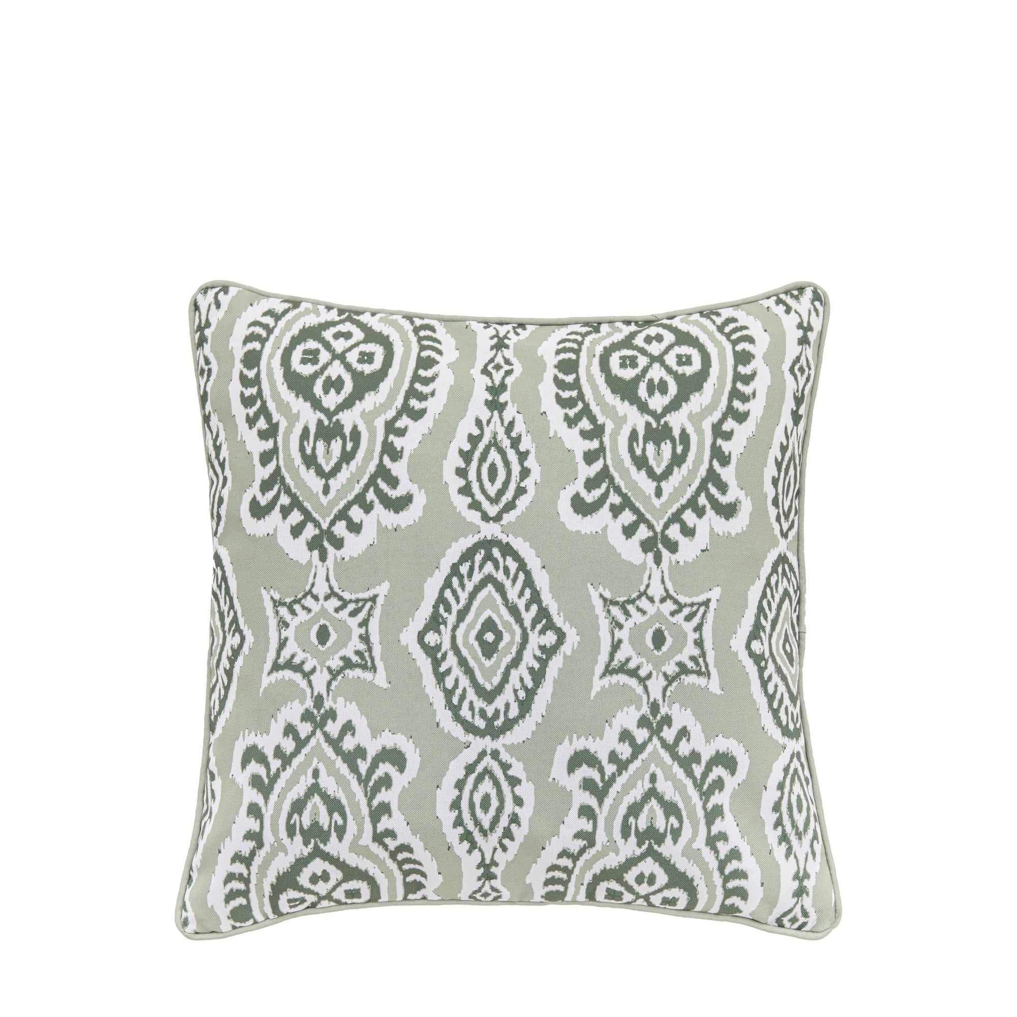 Premium indoor outdoor Isabella cushion in sage green, stylish ikat pattern with cream backing and feather pad by Ella James at brixbailey.com