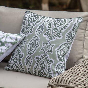 Premium Indoor Outdoor Isabella Cushion in Sage Green, Ikat Pattern with Cream Backing and Feather Pad by Ella James at brixbailey.com