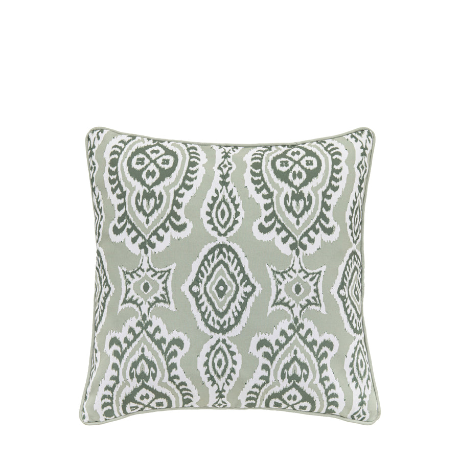 Premium indoor outdoor Isabella cushion in sage green, stylish ikat pattern with cream backing and feather pad by Ella James at brixbailey.com