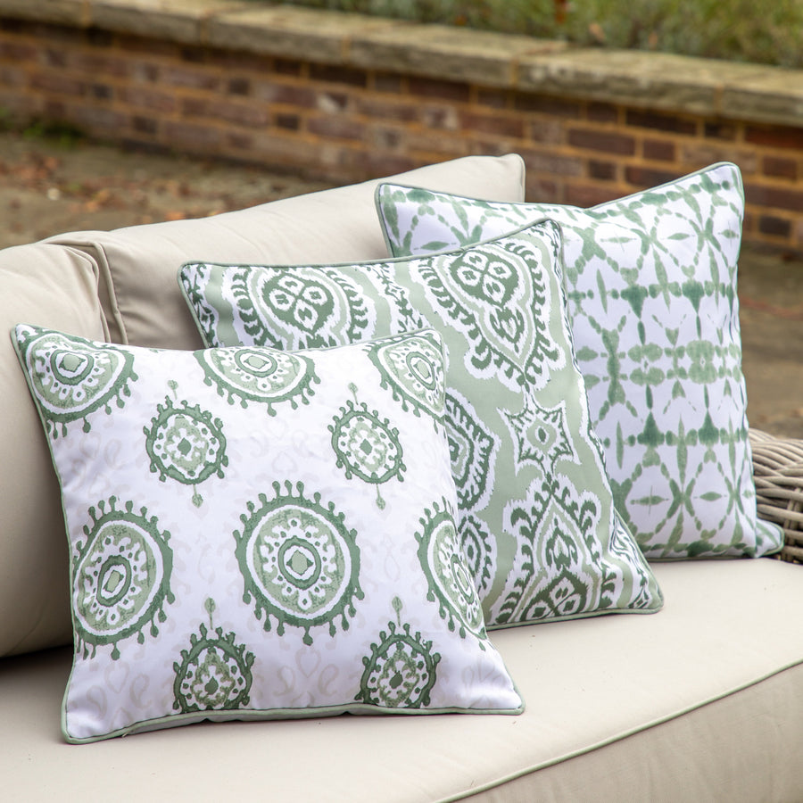 Premium indoor outdoor Alyssa cushion in sage green and cream, hand-dyed with sage piping, feather pad included by Ella James at brixbailey.com