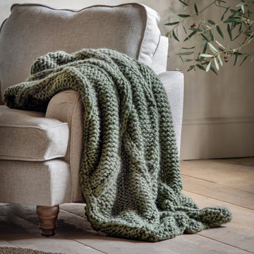 Premium chunky cable knit throw in dark olive green, super-soft diamond pattern, luxury textured blanket for sofa or bed by Ella James at brixbailey.com