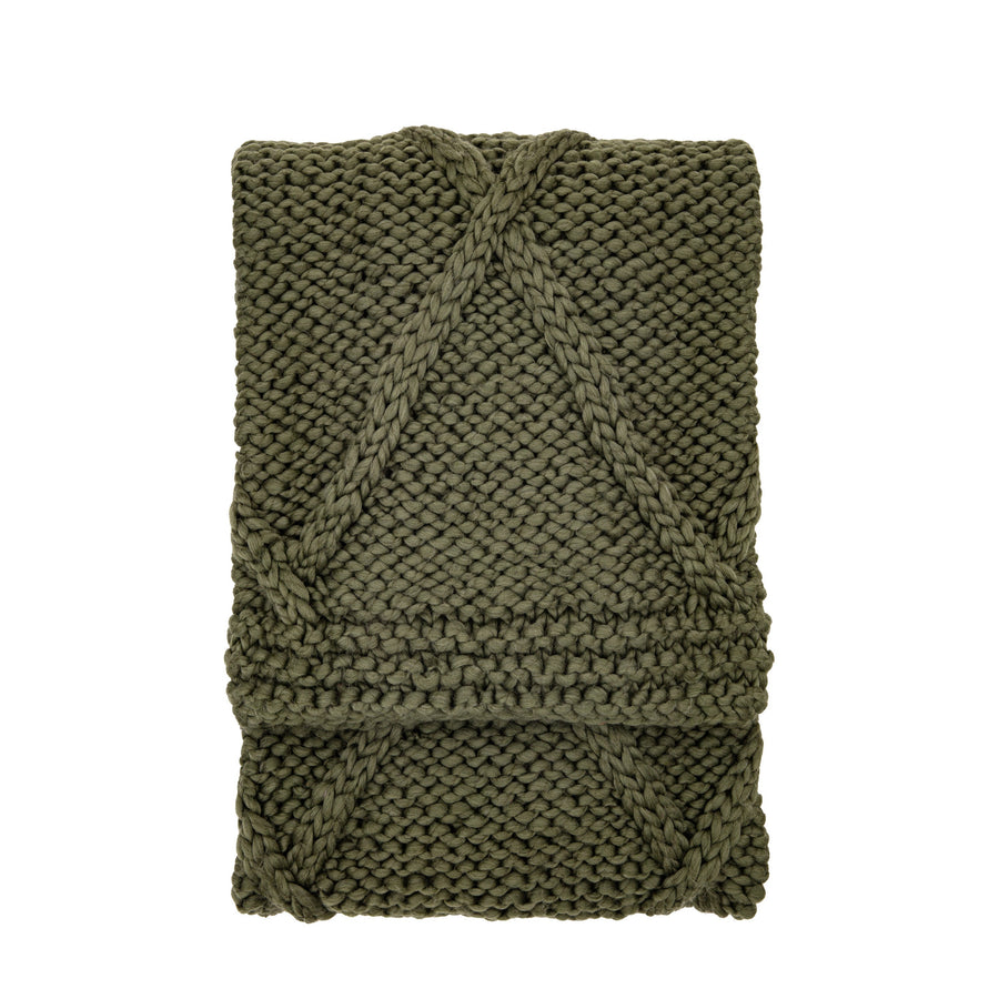Premium chunky cable knit throw in dark olive green, luxury diamond pattern, super soft, stylish textured blanket for sofa or bed by Ella James at brixbailey.com