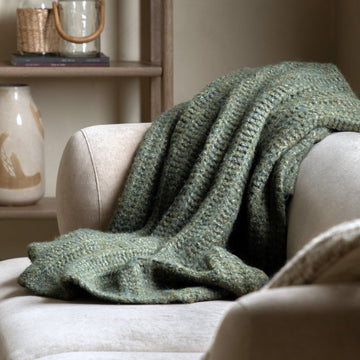 Luxury heavyweight melange wool knit throw, autumnal khaki, stylish textured home decor by Ella James at brixbailey.com