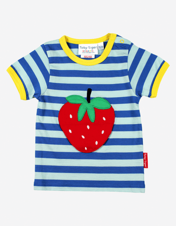 Luxury organic cotton baby t-shirt with strawberry applique and ladybug surprise, blue and white striped, soft GOTS certified by Toby Tiger at brixbailey.com