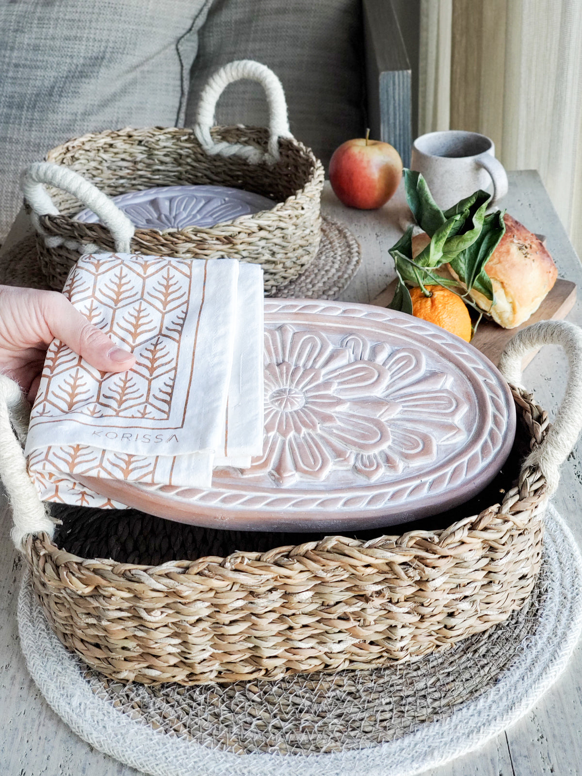 Bread Warmer &amp; Basket Gift Set with Tea Towel - Flower