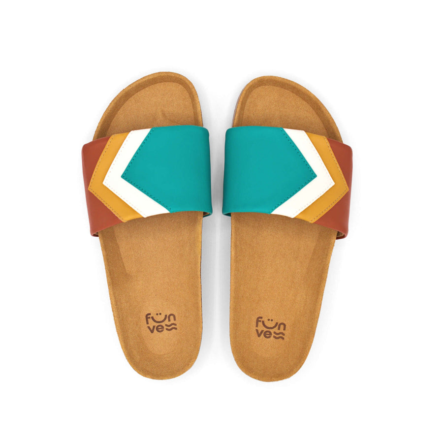 Premium vegan sandals in turquoise ocean white mustard terracotta, comfortable straps, soft anatomical footbed, slip-resistant sole, durable, eco-friendly by Fünve at brixbailey.com