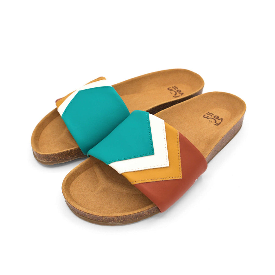 Premium vegan sandals Sunset in turquoise, white, mustard, terracotta - comfortable straps, soft footbed, slip-resistant sole by Fünve at brixbailey.com
