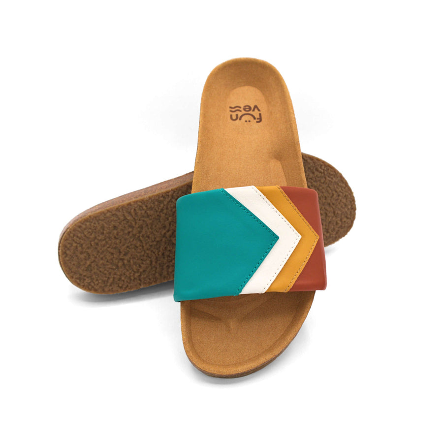 Premium vegan sandals in turquoise ocean white mustard terracotta, comfortable strap, soft anatomical footbed, slip-resistant sole, durable, eco-friendly by Fünve at brixbailey.com