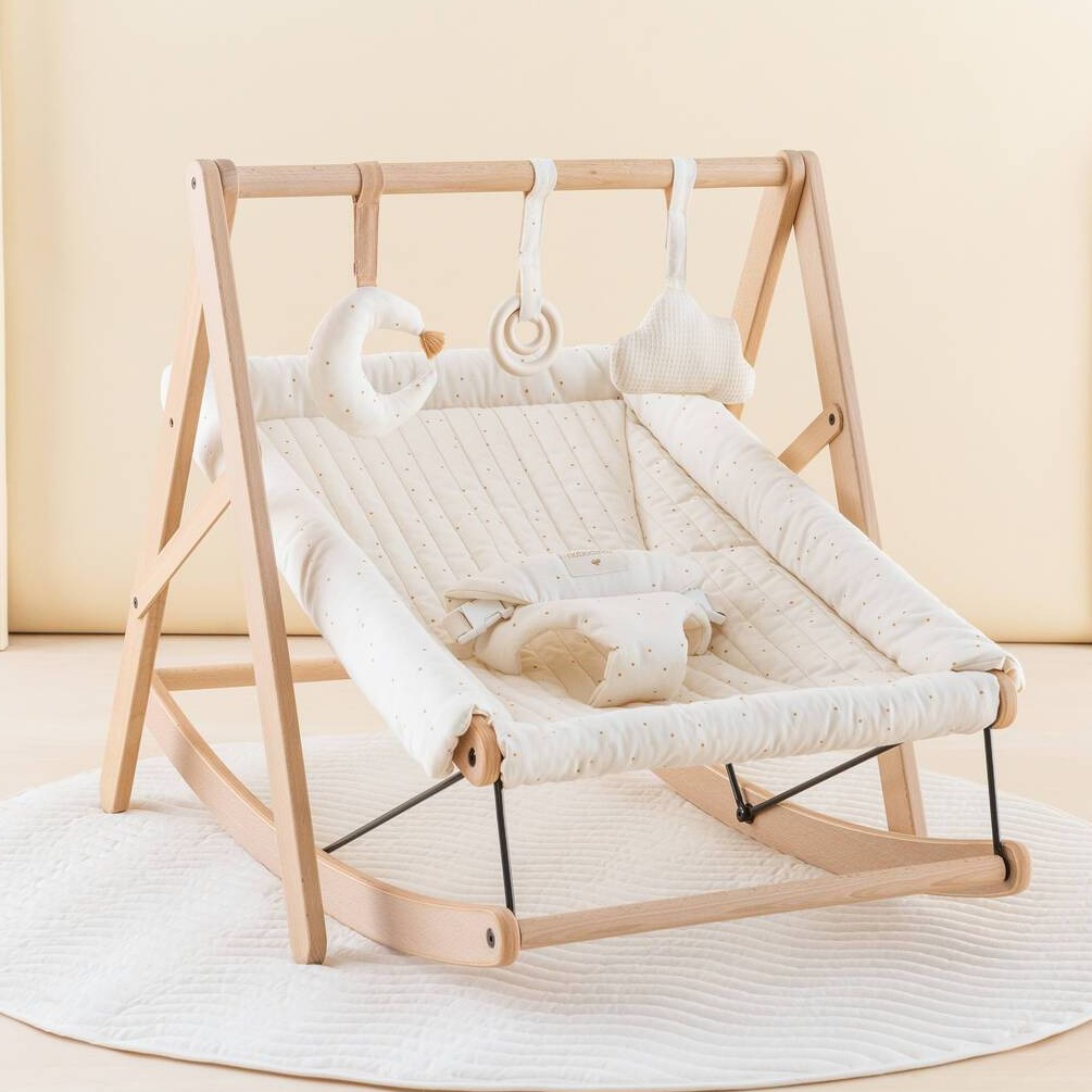 Luxury Nobodinoz Growing Green Baby Bouncer Cover, organic cotton polka dot, handcrafted premium design, sweet honey dots, beech wood frame by Ella James at brixbailey.com