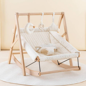 Luxury Nobodinoz Growing Green Baby Bouncer Cover, organic cotton polka dot, handcrafted premium design, sweet honey dots, beech wood frame by Ella James at brixbailey.com